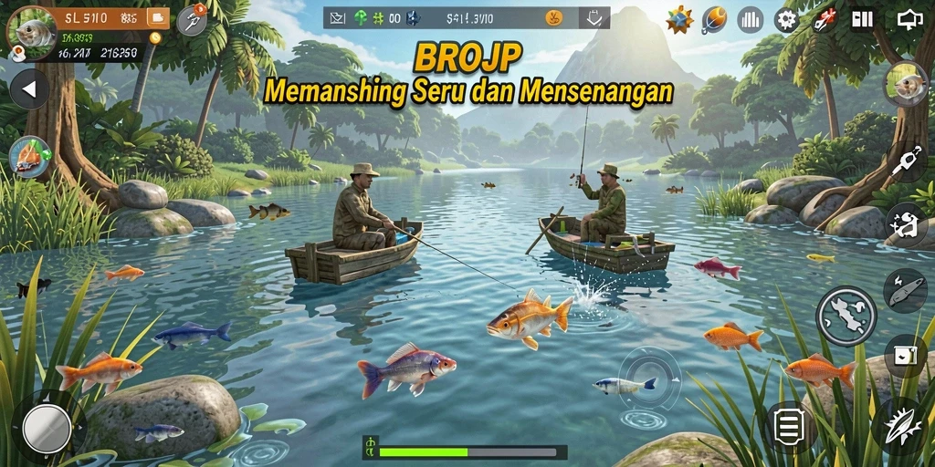 Tampilan gameplay BROJP menampilkan suasana memancing yang menyenangkan dan interaktif.