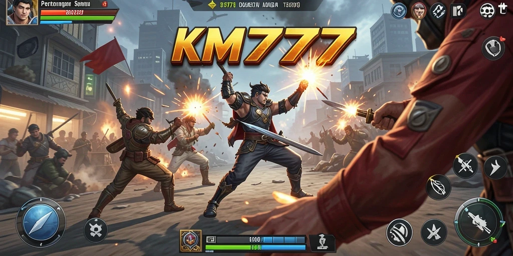 Screenshot utama KM777 menampilkan aksi pertarungan yang mendebarkan.