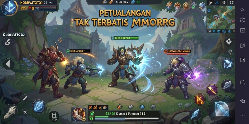 Screenshot gameplay <strong>KOMPASTOTO</strong> menampilkan pertarungan epic dalam dunia fantasi.