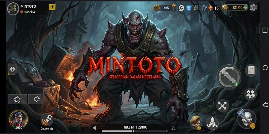 Tampilan gameplay MINTOTO menunjukkan suasana horor yang mencekam.