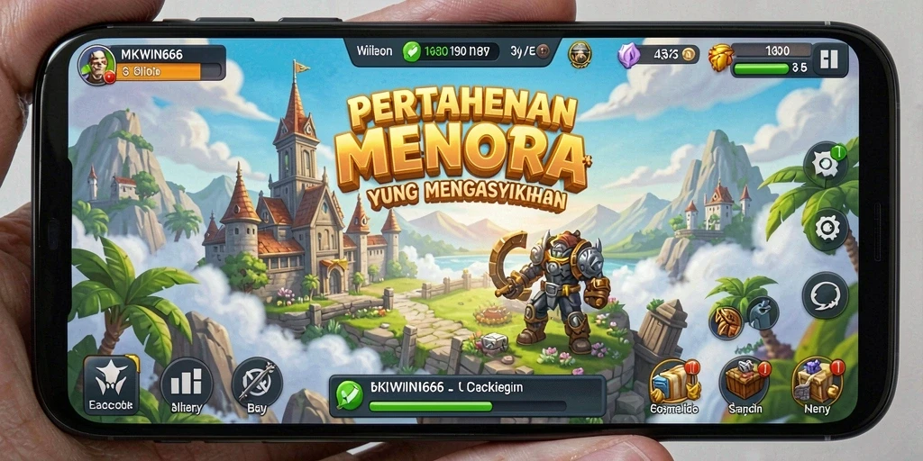 Tangkapan layar utama gameplay MKWIN666 menampilkan pertahanan menara yang epik.