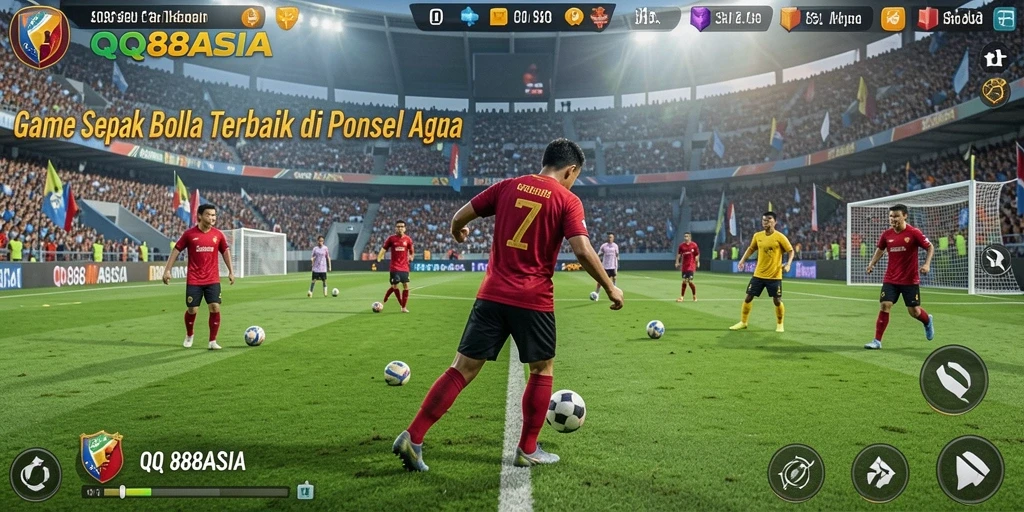 Screenshot gameplay QQ88ASIA menampilkan aksi seru di lapangan sepak bola.
