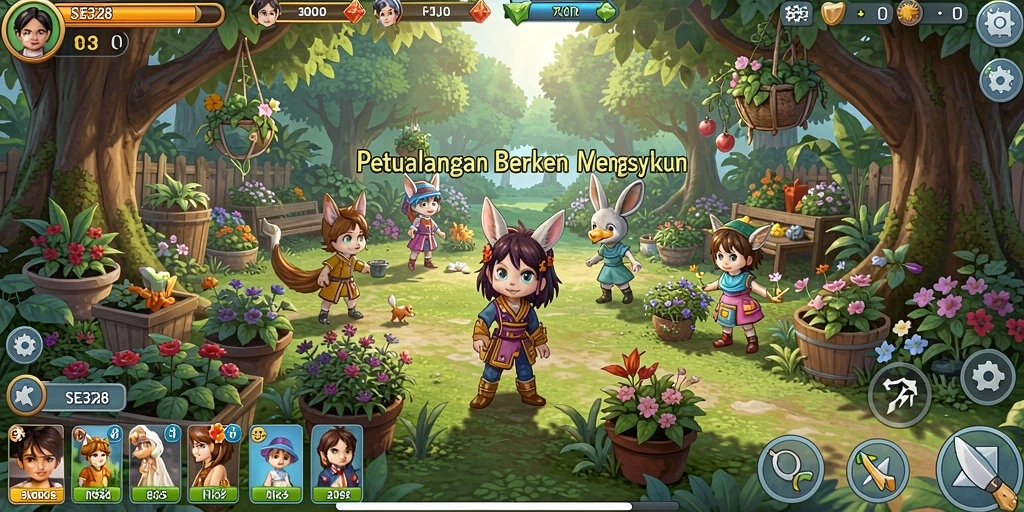 Tangkapan layar SE328 menunjukkan aktivitas berkebun yang penuh warna dan menyenangkan.